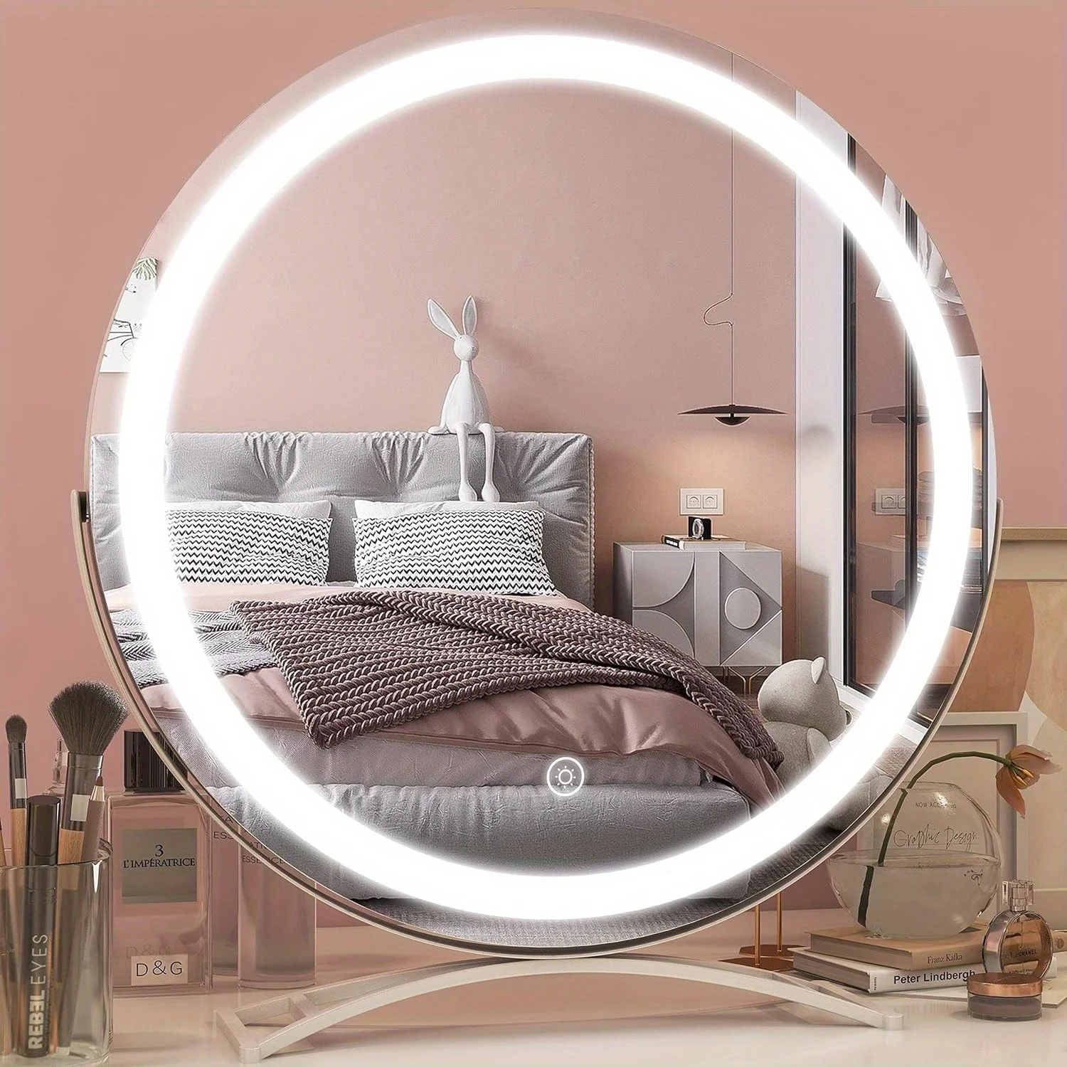 

18 Inch Large Makeup Vanity Mirror With Lights, Smart Touch Control, 3-Color Dimmable Round Mirror, 360° Rotation, Tabletop ＆