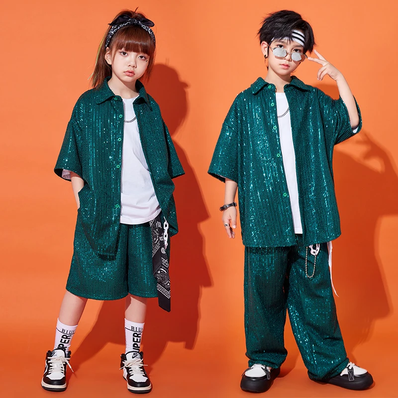 

Children Jazz Dance Costumes Girls New Sequin Shirt Shorts Outfits Teen Kids Model Catwalk Stage Hip Hop Performance Clothes