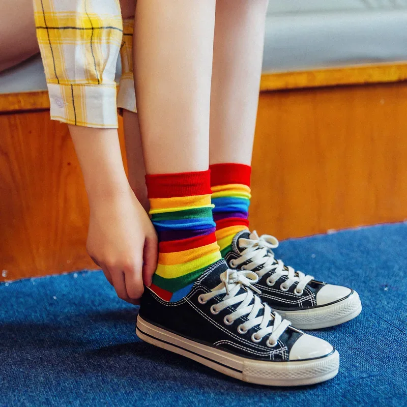 Women Sock Rainbow Striped Elasticity Sweat Long Sock Sporty 1 Pair