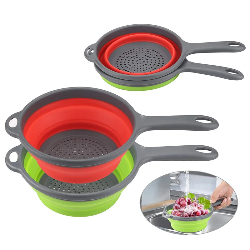 1pcs Foldable Silicone Colander Fruit Vegetable Washing Basket Strainer with Handle Strainer Collapsible Drainer  Kitchen Tools