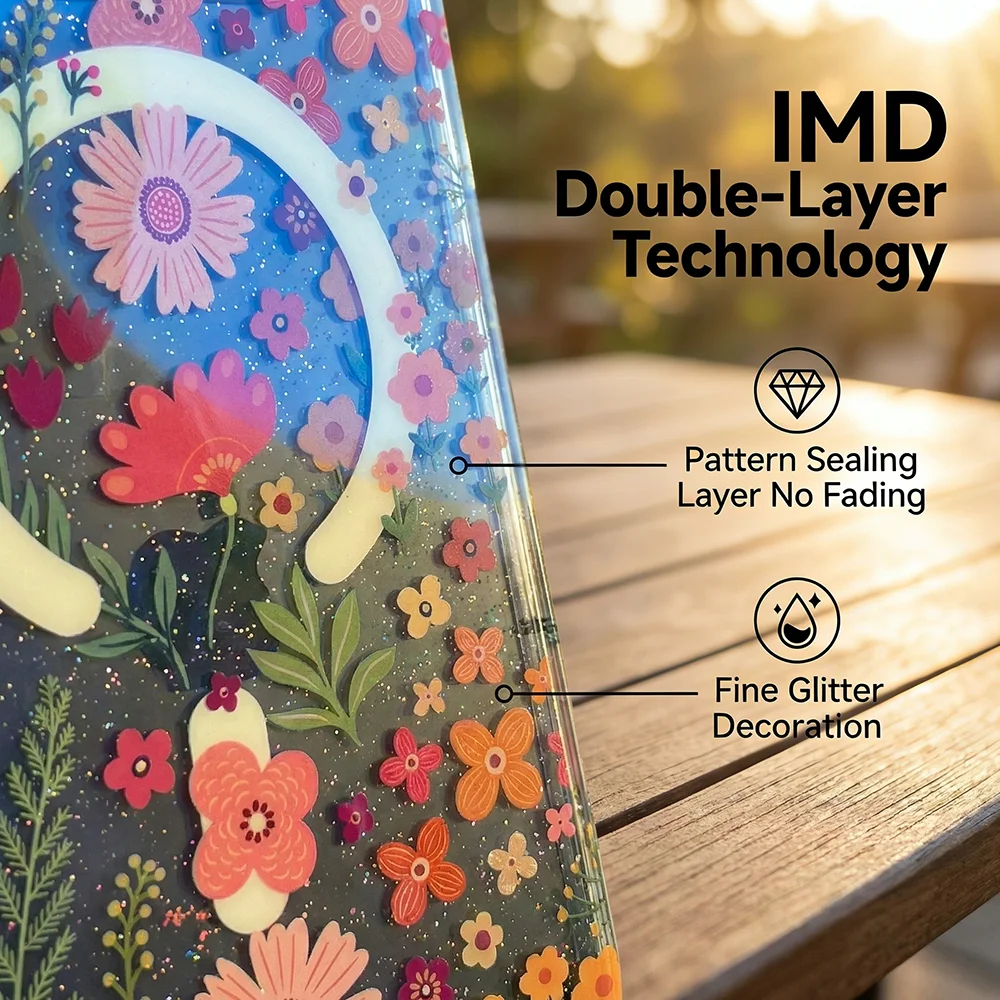 Double Layer Blue Light Flower Magnetic Phone Case with Magsafe Wireless Charging and Shockproof Protection