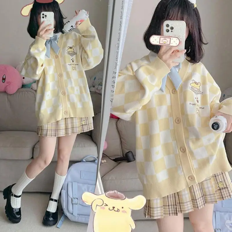 Anime Sanrioed Pompompurin Girl Cardigan Sweater Kuromi Kawaii Cinnamoroll Spring Autumn Knit Coat Preppy Loose Sweet Embroidery 2