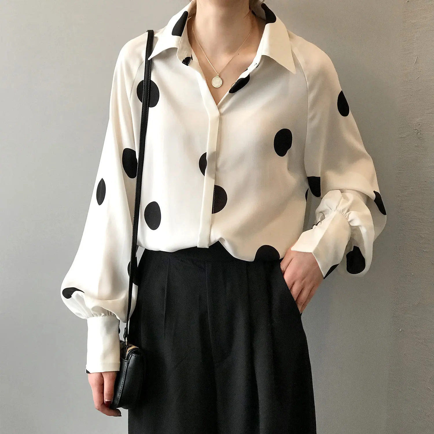 

Женская шифоновая рубашка с длинным рукавом, свободная повседневная винтажная блузка в горошек, топы для улицы, новинка весны 2023