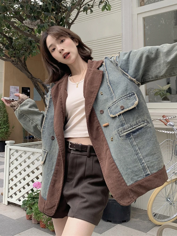 Veste en jean patchwork à manches longues en velours côtelé déchiré rétro