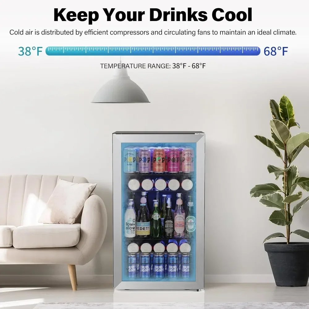 Wine Refrigerators, 140 Can Mini Fridge Freestanding Cooler with Glass Door, 3.35 Cu.Ft Beverage Fridge