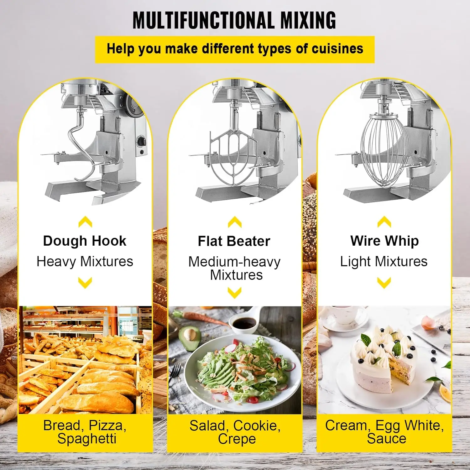Commercial Stand Mixer, 15Qt Stainless Steel Bowl, 500W Heavy Duty Electric Food Mixer with 3 Speeds Adjustable 113/184/34 5