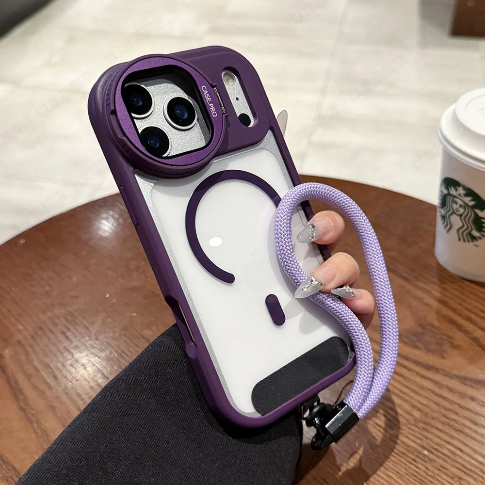 Luxury Magnetic Lens Bracket Lanyard Phone Case with Air Flip Stand and Transparent Cover