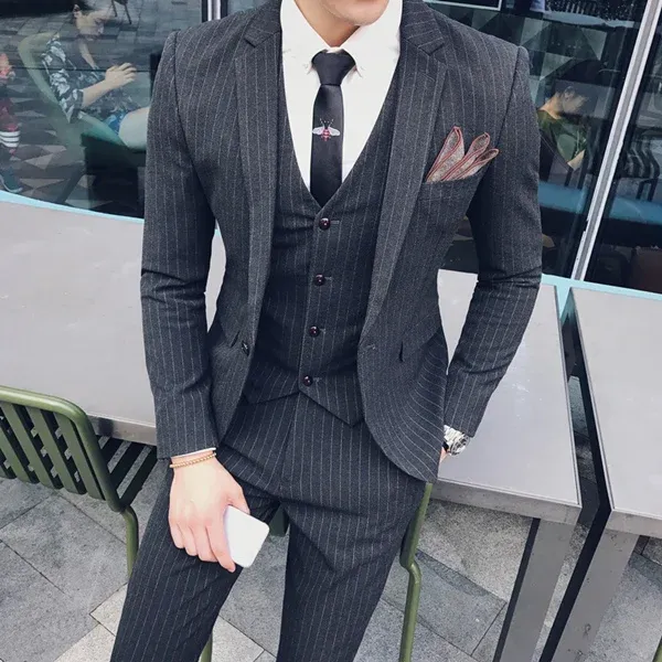 S-7XL (Jacket+Vest+Pants) Fashion Boutique Lattice Formal Business Mens Suit 3Pcs Set Groom Wedding Dress Plaid Suit Show Stage - 903 Gray, XL(EUR S)