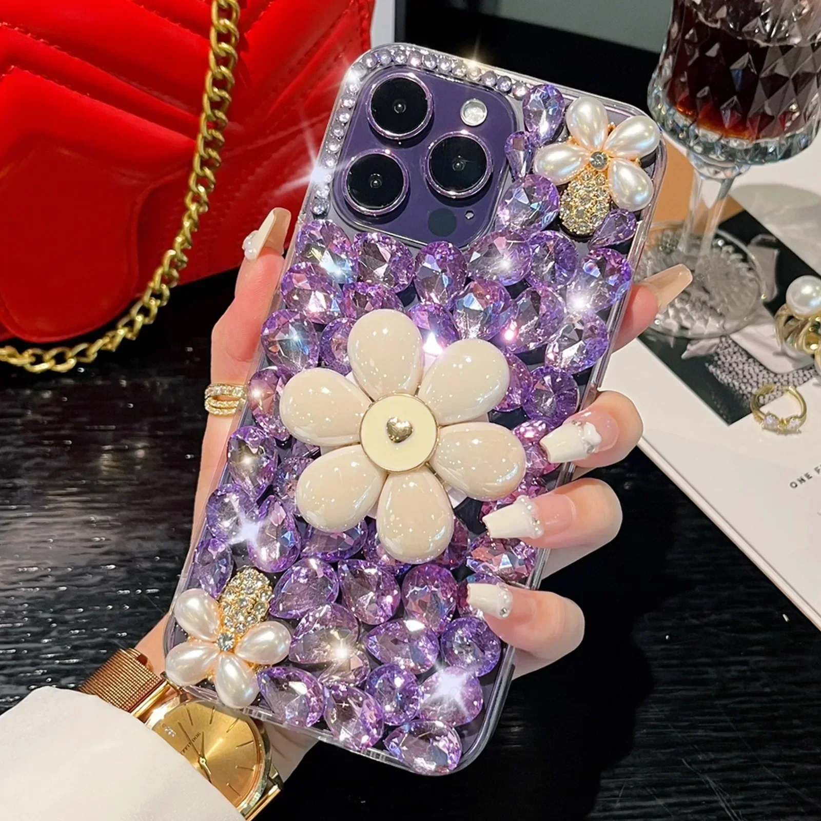 

Floral Pearl Bling Rose Diamond Chain Holder Phone Case For HuaweiP30 P50Pro P40lite Mate30 40 For Honor8X 9X 50 60Pro Cover