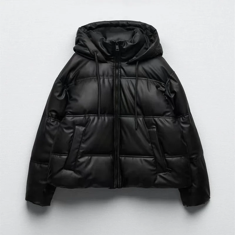 

Women's Jackets Faux Leather Short Hooded Padded Jacket Autumn and Winter New Padded Jackets Coats Female Chic Tops