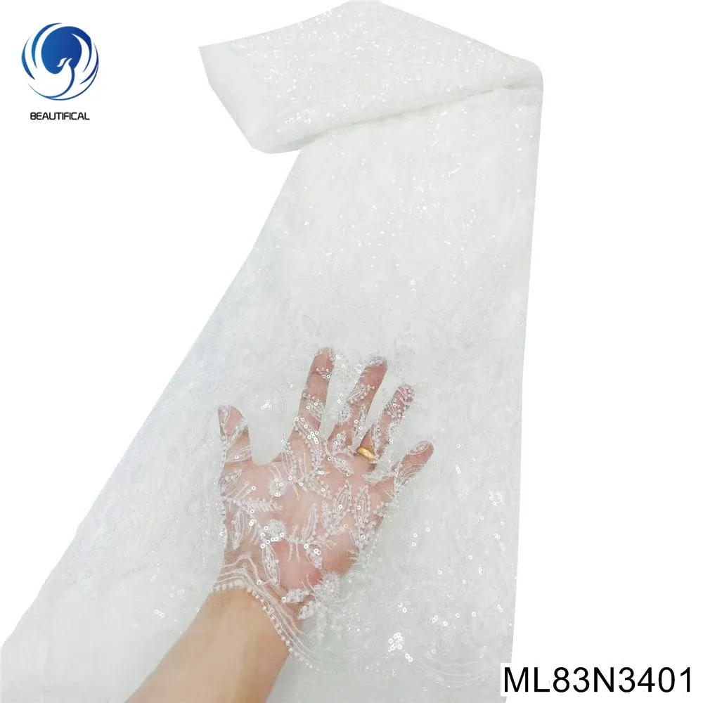 

Hot Selling Item Snow White Holy White French Heavy Beaded Lace Fabric with African Sequins Fabric for Party Dress ML83N34