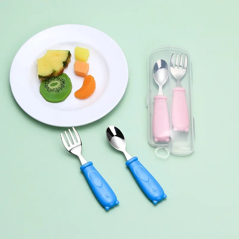 

304 ложка и вилка из нержавеющей стали, детская мультяшная ложка, креативная вилка и ложка с коробкой для хранения, портативный набор посуды, подарок