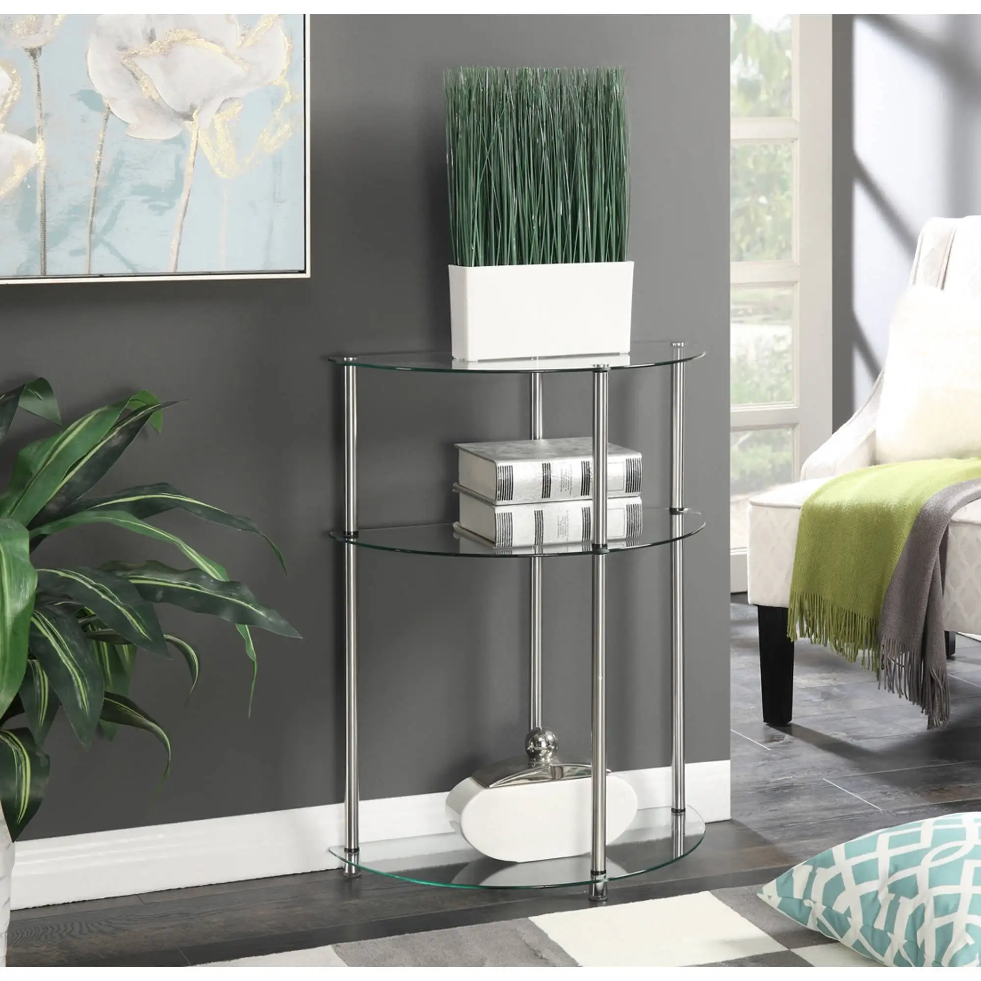 

Convenience Concepts Designs2Go Classic Glass 3 Tier Half-Circle Entryway Table tempered glass Open modern design