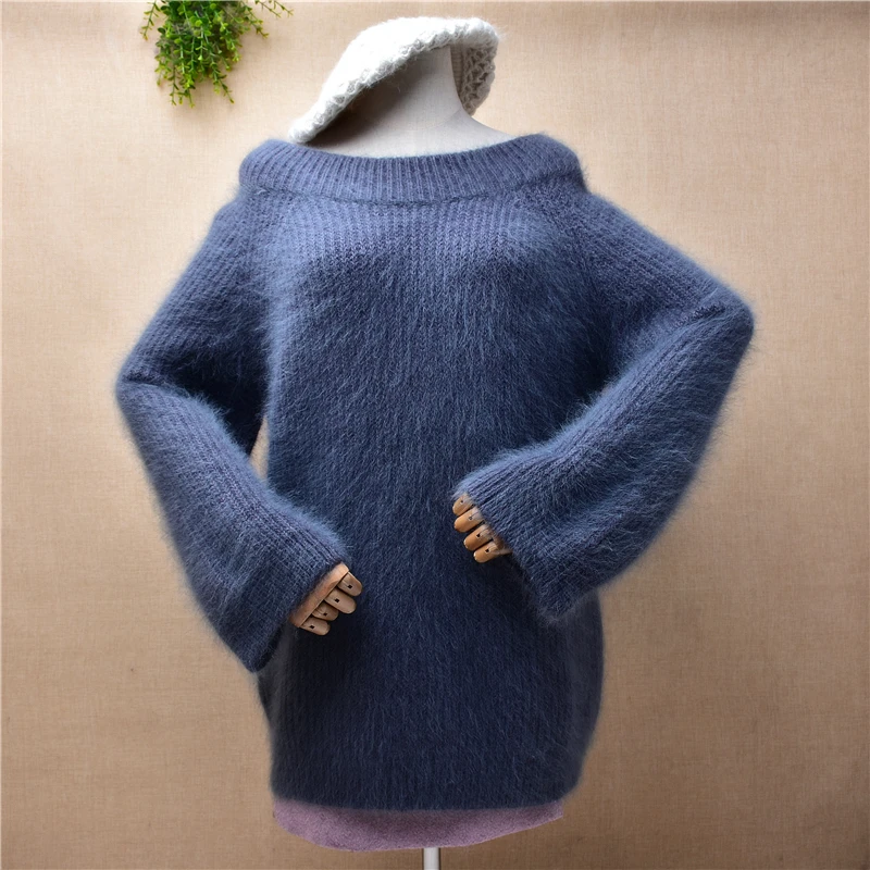 

Female Women Fall Winter Clothing Thick Warm Hairy Mink Cashmere Slash Neck Loose Pullover Angora Fur Jumper Sweater Pull Tops