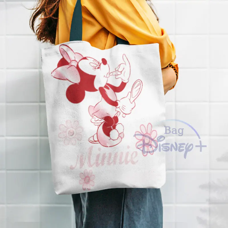 

Disney Minnie Mouse Shoulder Bags Cartoon Women Shopping Tote Cute Canvas Child New Arrival School Grocery Storage Eco Reusable