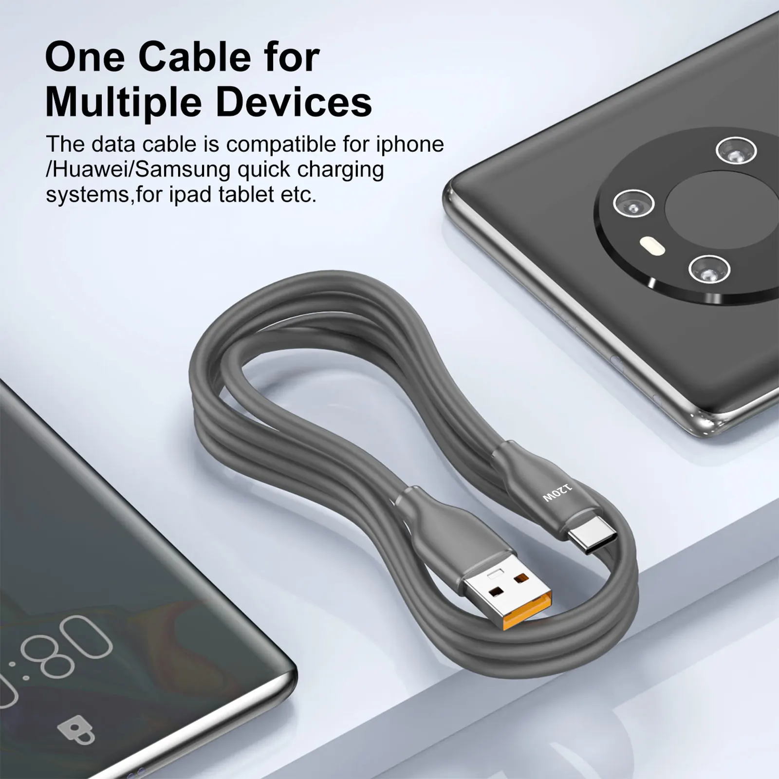 120W USB to Type C Cable 1M/1.5M/2M Data Cable Fast Charging & Data Transfer, Compatible with Huawei Xiaomi Samsung