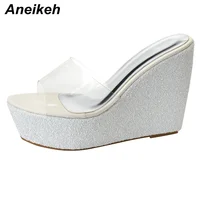 Aneikeh Summer 2026 New Fashion Sequins Transparent Rubber Wedge Heel Thick Sole Sandals for Women 10CM Open Toe Ladies Shoes - Image 4