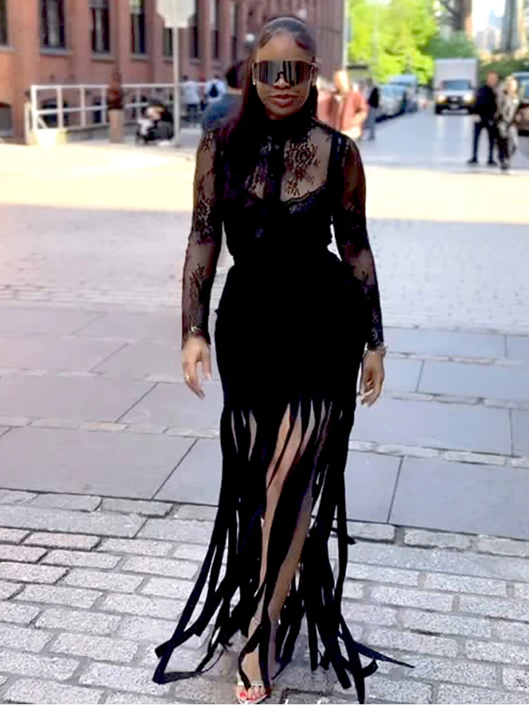 Nibber Autumn 2 Piece Set Woman Sexy See Through Polo-Neck Mesh Single-Breasted Tops+Splits Tassel Long Skirts Midnight Clubwear