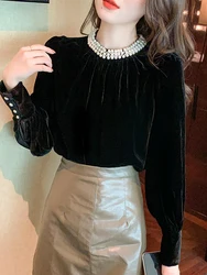 Vintage Velvet Beads Women Black Shirt Elegant Fashion Stand Collar Long Sleeve Blouses Loose Lady Blouse Autumn Winter