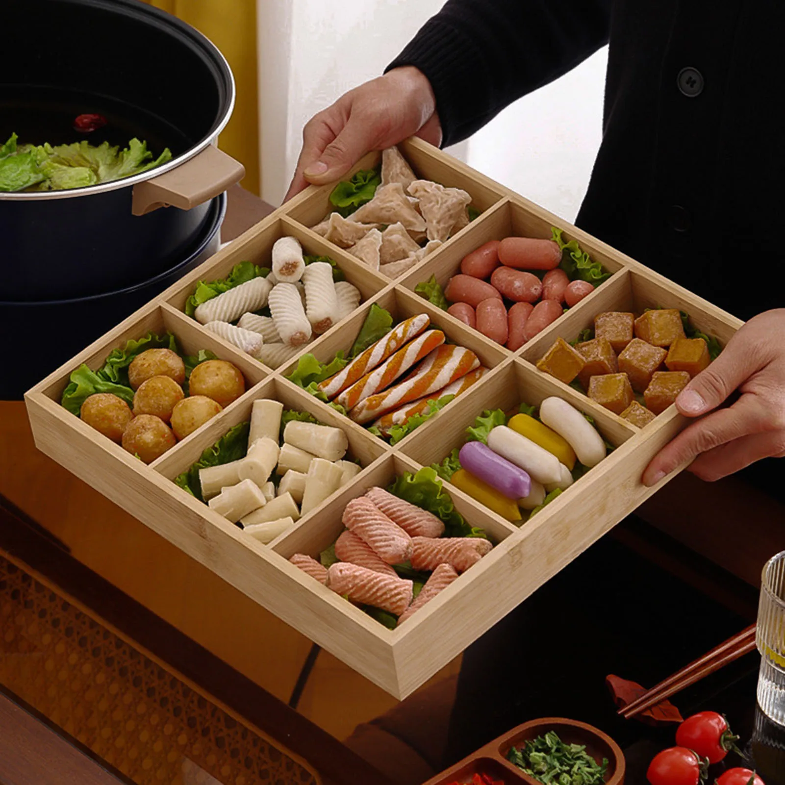Multi Grid Divided Wooden Tray Safe Material Dried Fruit Food Storage Container Suitable for Family Dinner Home Warming