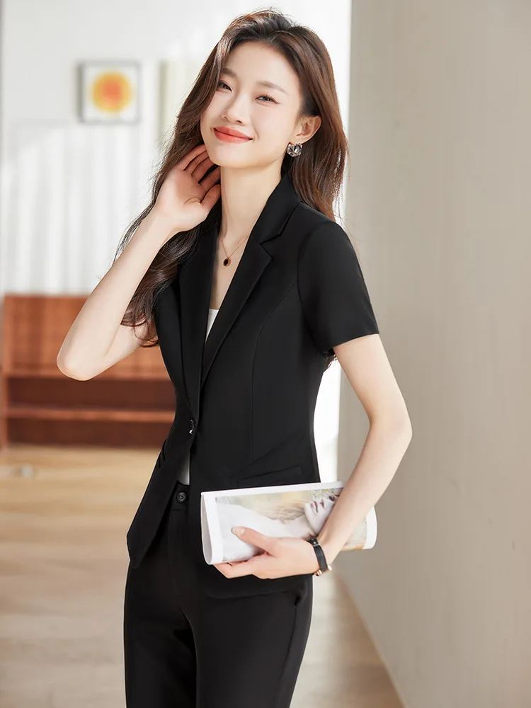 

Костюм женский с коротким рукавом, профессиональная формальная одежда для служащих и служащих, для обучения и интервью, черный, маленький вариант для работы, весна-лето