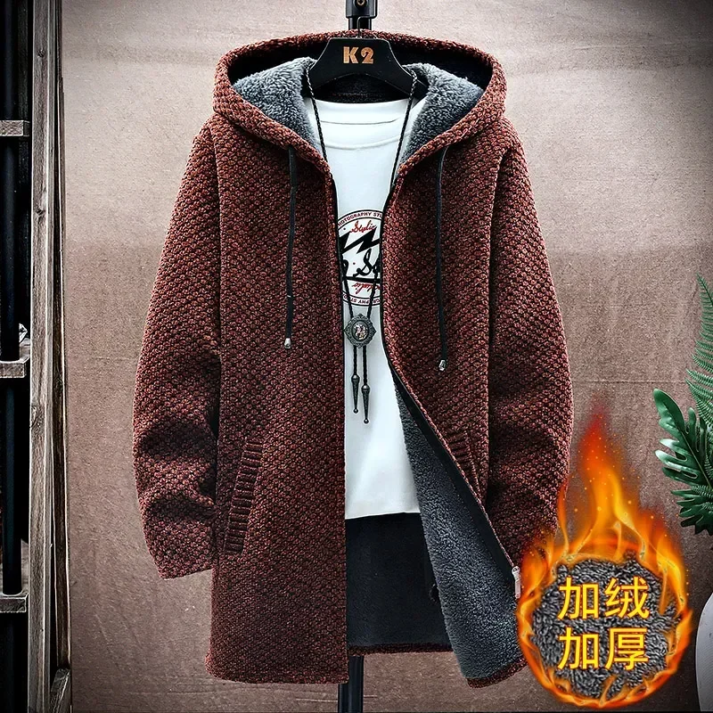 2023Men's Cardigan Cashmere Long Coat Sweaters with Hoods Autumn Winter New Fleece Warm Solid SweaterCoat Windbreaker Men