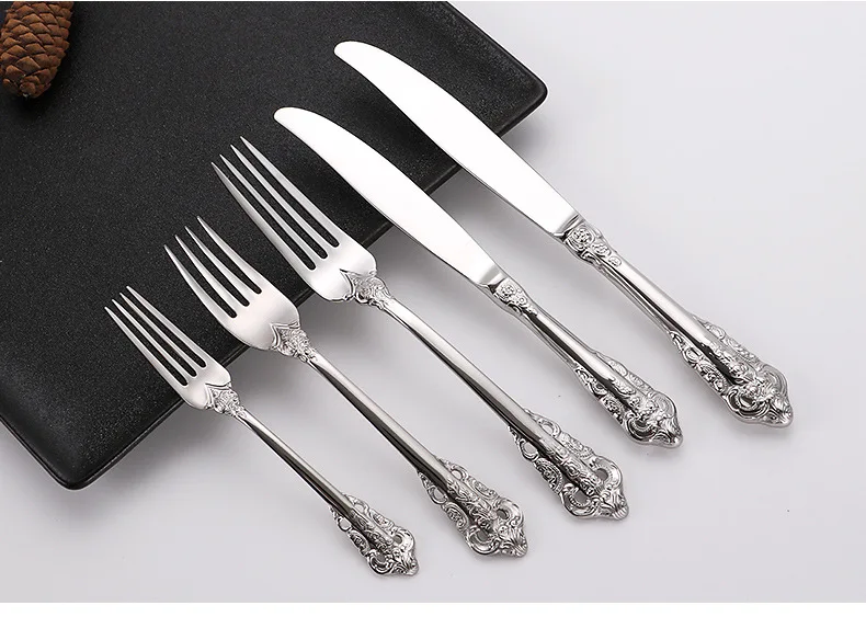 Description Picture 6 of item1Pcs Luxury Silver Dinner Set Vintage Western Stainless Steel Cutlery Sets Wedding Engraving Tableware Knife Fork Spoon Teapoon