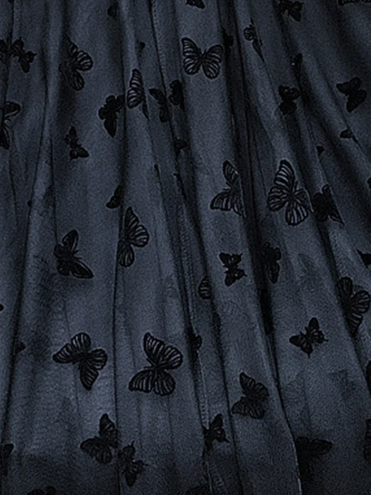 Butterfly Flocking Tulle Long Skirt Women Aesthetic Casual A Line Elastic High Waist Midi Mesh Skirt Female Black 4