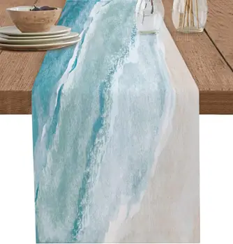 Coastal Beach Blue Linen Table Runner Dresser Scarf Table Decor Summer Kitchen Dining Table Runner Ocean Sea Waves Party Decor 1