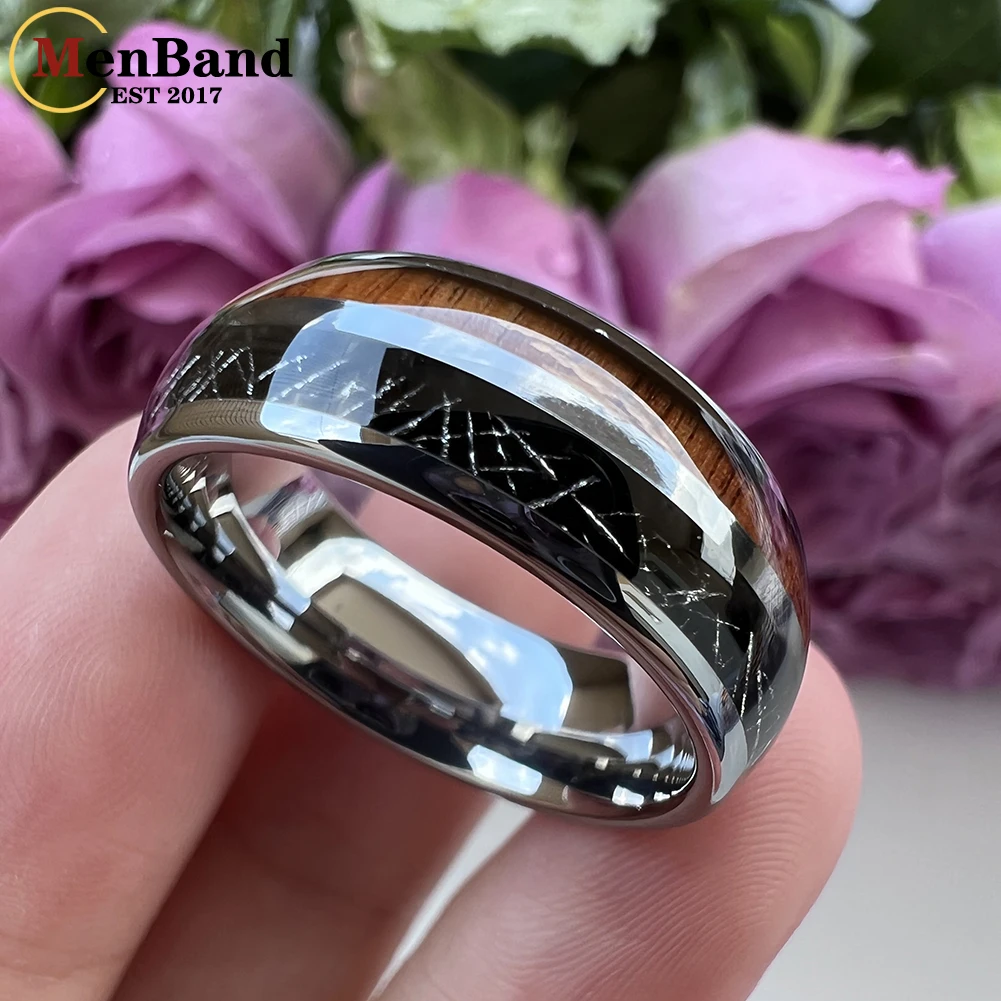 MenBand Fashion Jewelry 8MM Men Women Tungsten Carbide Rings with Koa Wood Black Meteorite Inlay Domed polishing Comfort Fit
