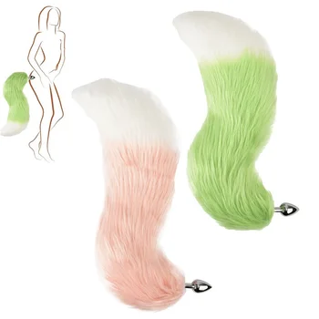 Metal Anal Plug Beads Cute Fox Tail Cosplay Pink Green Gradient Color Large Long Butt Plug Sex Tail Role Play Flirting Anus Toy 1