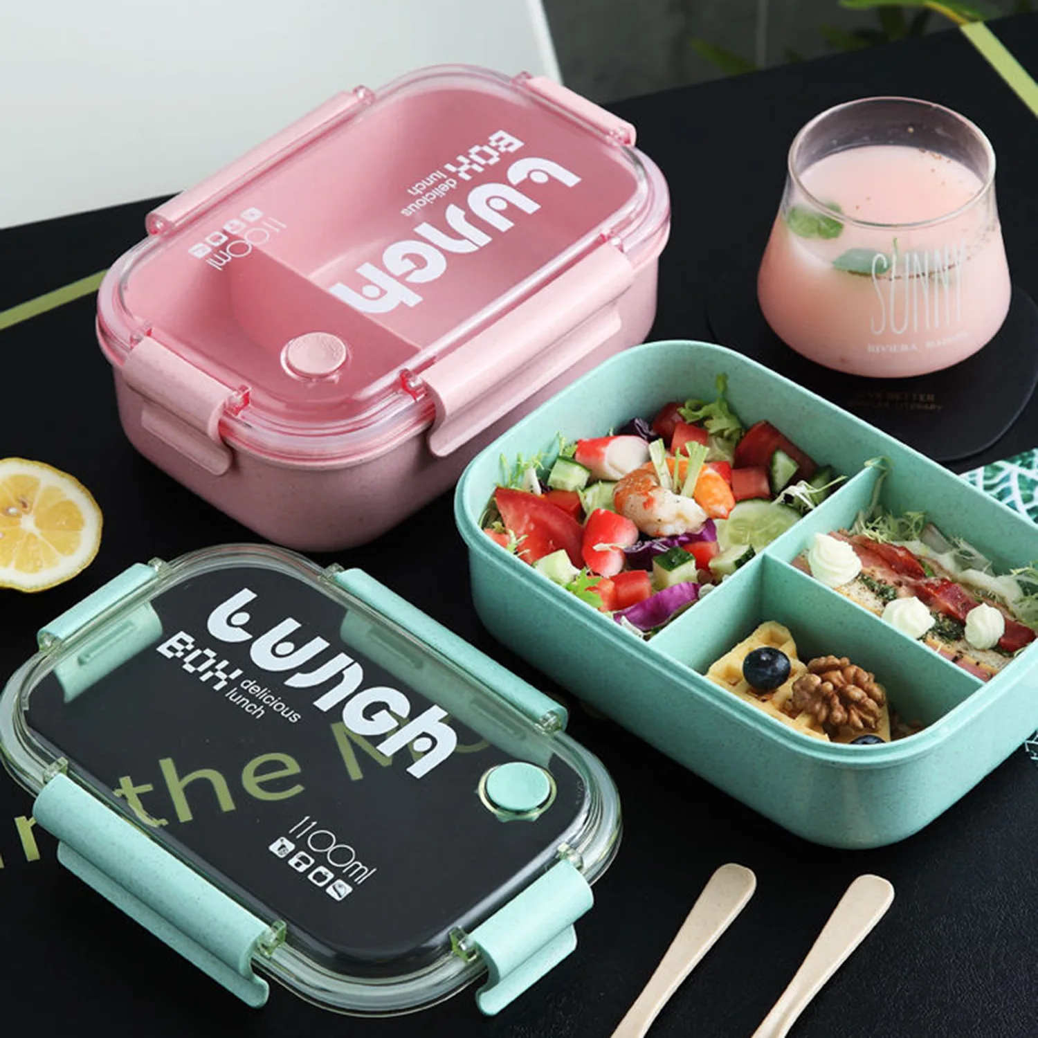 1100ml Wheat Straw Lunch Box Student Lunch Box Sealed/Divided Box with Tableware Can be Microwave Heated lunch box portable food storage box