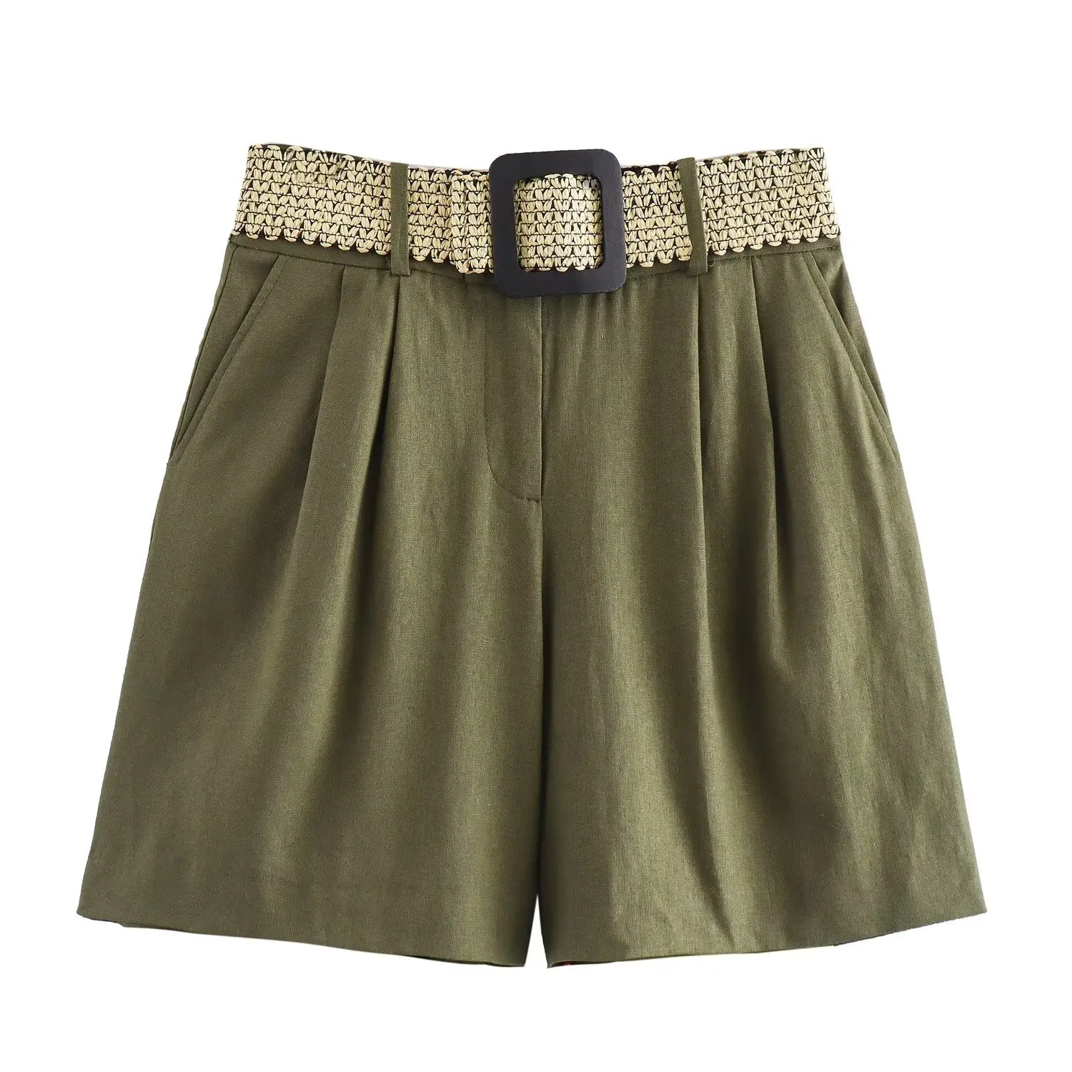 thumbnail image 1 of HH TRAF Pantalones cortos de lino elegantes de cintura alta con cinturón para mujer, ropa de verano, estilo retro, color verde militar, 1 of 5