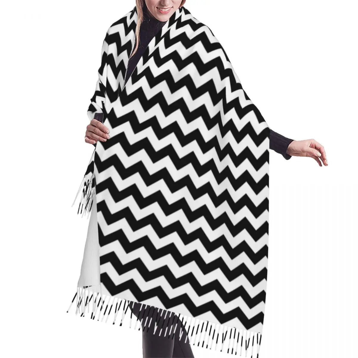 

Stylish Chevron Black White Zigzag Tassel Scarf Women Winter Warm Shawls Wraps Lady Bohemian Modern Geometric Versatile Scarves