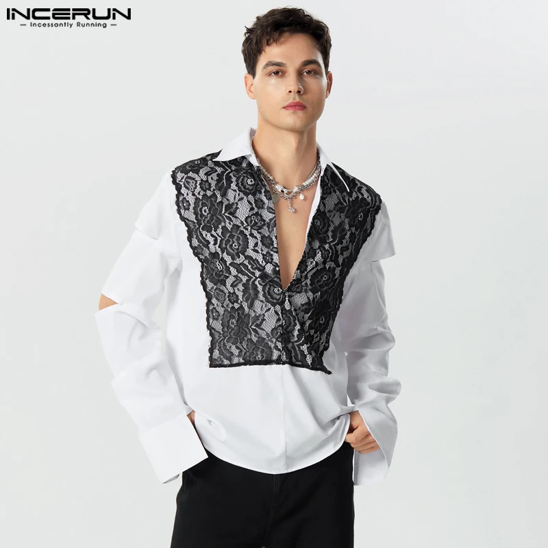 

Party Clubwear Style Tops INCERUN New Men's Lace Patchwork Printed Shirts Fashionable Male Large Lapel Long Sleeved Blouse S-5XL