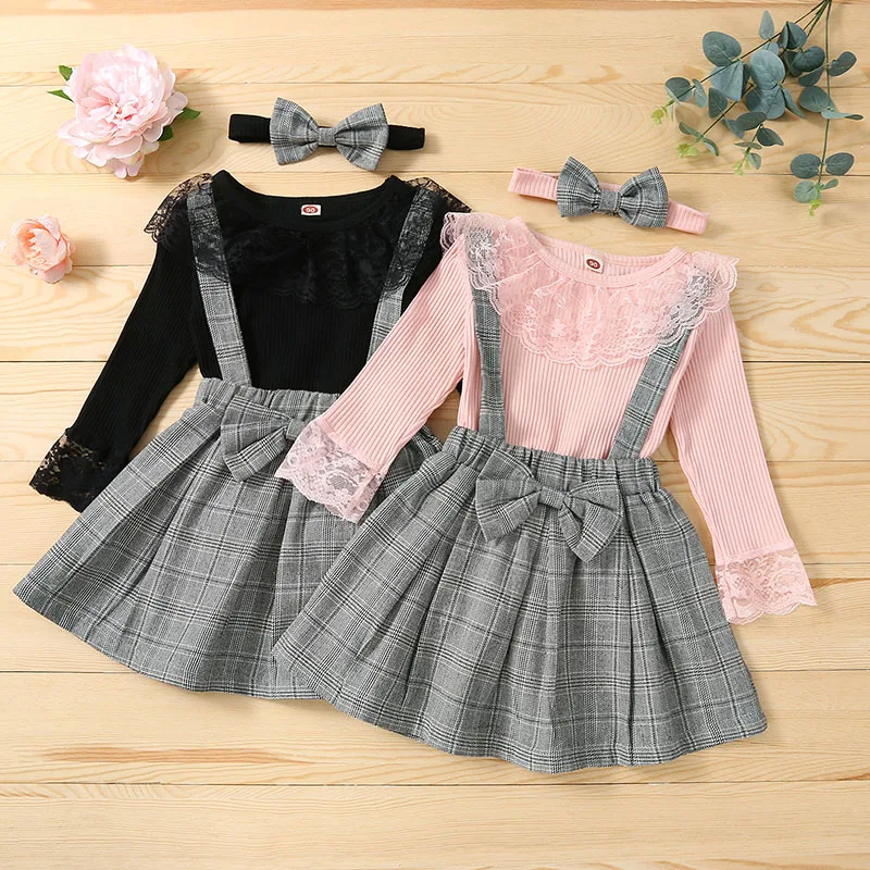 

Girls Pullover Spot Black Pink Cotton Plaid Skirt Suit Kids Clothes Girls Kids Boutique Clothing Wholesale Toddler Girl Clothes