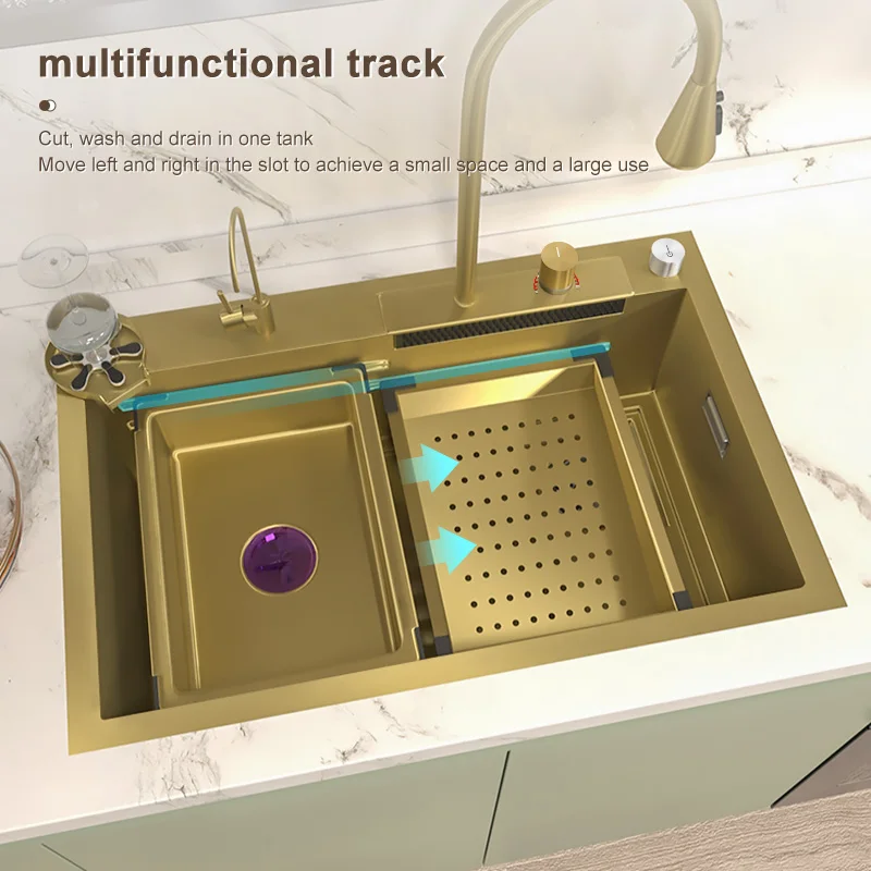 Golden Stainless Steel Kitchen Sink Waterfall Sink Large Single Slot Multifunctional Washbasin With Waterfall Faucet For Kitchen