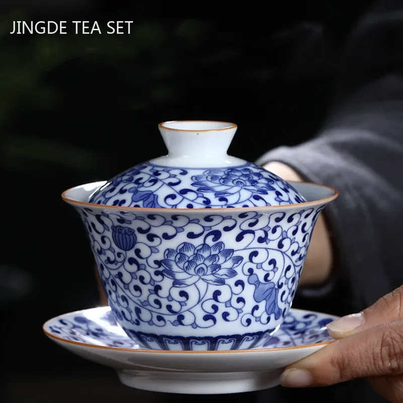 170ml Jingdezhen Ceramic Gaiwan Teacup Handmade Tea Tureen Blue and White Porcelain Tea Bowl Chinese Porcelain Accessories
