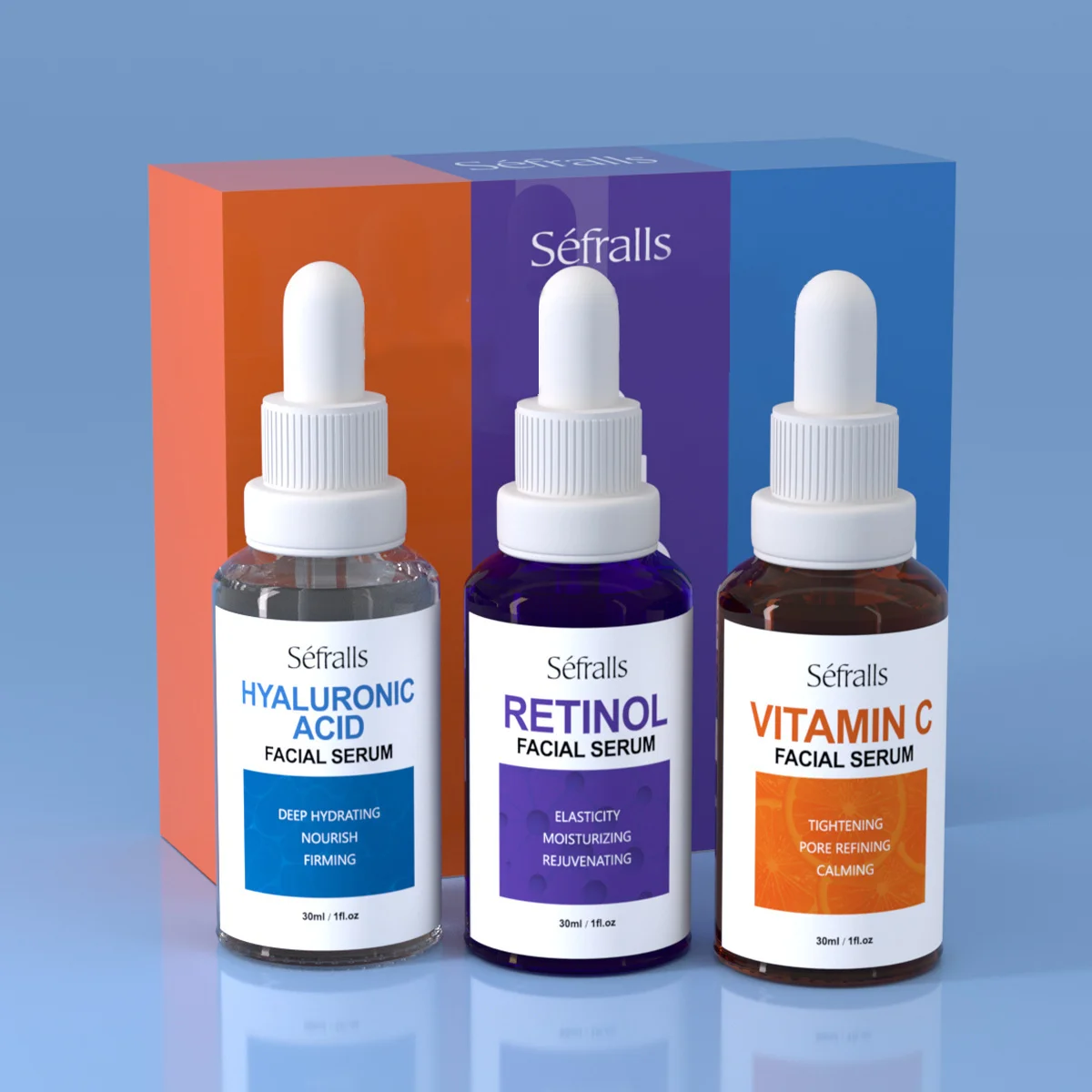 Séfralls-Coffret Essence VC à l'Acide Hyaluronique, Sérum à la Vitamine C, Vitamine-A et à l'Acide Hyaluronique pour l'Luminosité, Raffermissant, 30ml x 3 Pièces – Image 2