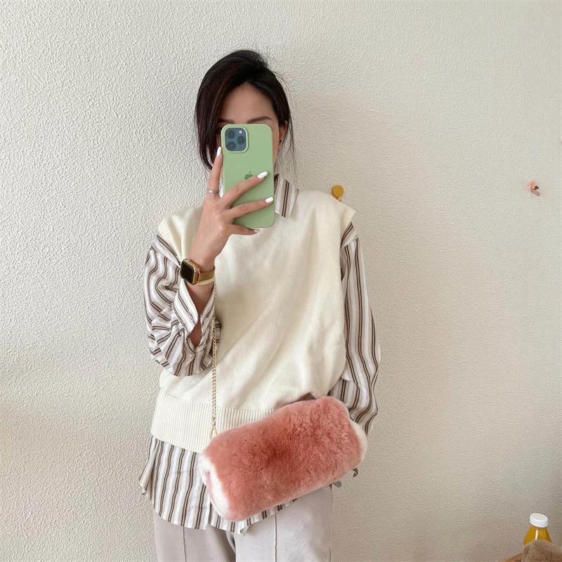 Women's New Crossbody Bag Retro Senior Sense Rex Rabbit Hair Cylinder Bag Fashion Chain One Shoulder Bag Charm Women's Bag