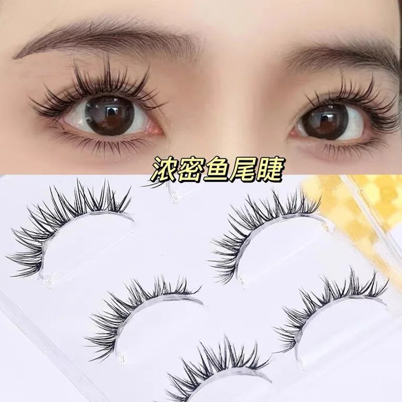 Fishtail Eyelashes 3 Pairs Mink Eyelashes Invisible Band Handmade Soft False Eyelashes Reusable Thick Lashes Extension Beauty