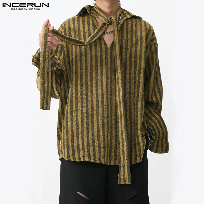 

INCERUN Men Striped Shirt Lapel Lace Up Long Sleeve Streetwear Men Clothing 2023 Loose Korean Style Autumn Casual Shirts S-5XL