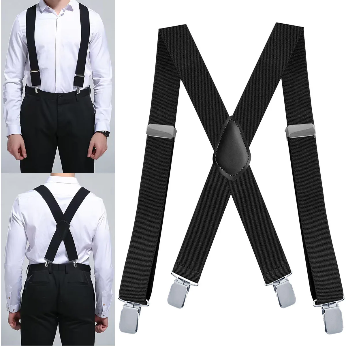 Heavy Duty Big and Tall Suspenders for Men,3.5cm Wide X-back 4 Strong Clips, Adjustable Elastic Trouser Braces Strap Belts
