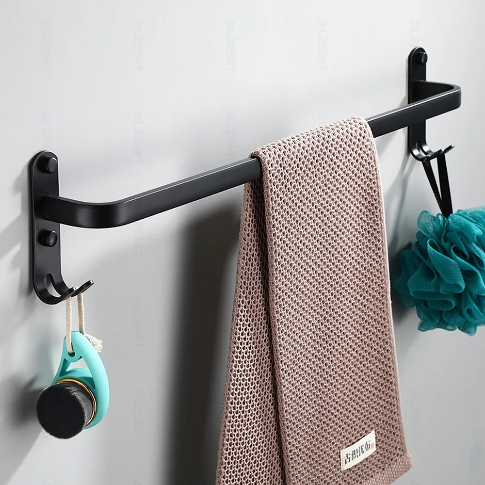 Towel Rack Towel Holder Matte Black Towel Bar 40-60CM Double Rail With Hook Wall Mount Rod Shelf Aluminum Shower Rack Hanger Bathroom Holder Accessories