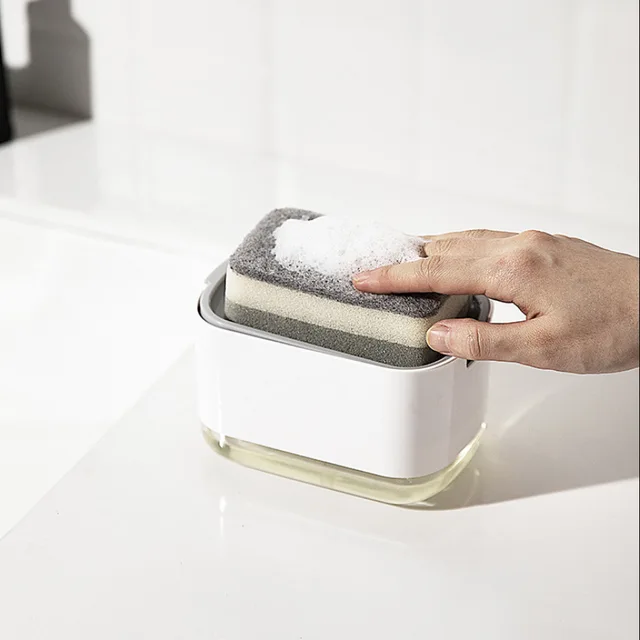 เครื่องจ่ายสบู่เหลวแบบกดพร้อมที่วางฟองน้ำ อุปกรณ์ทำความสะอาดในครัว 3