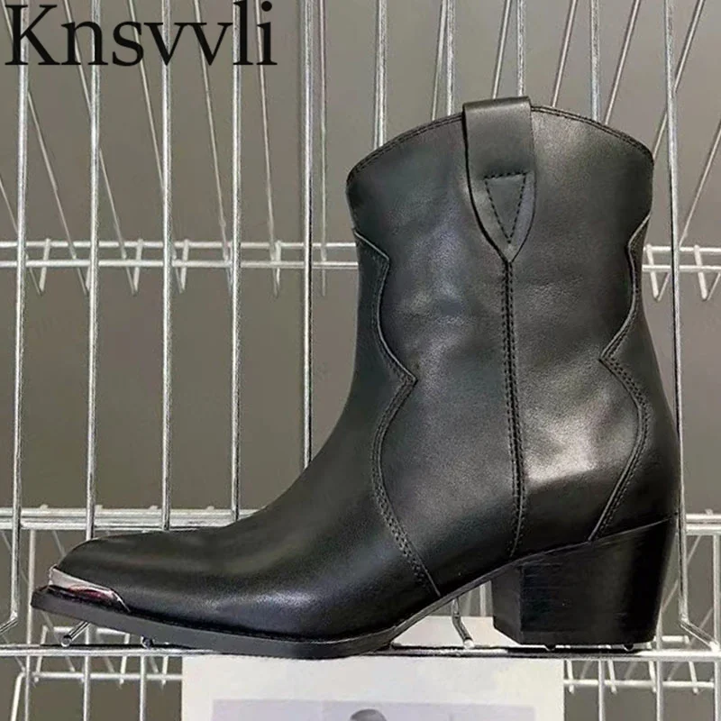 

Luxury Quality Suede Leather Short Boots Women Metal Pointed Toe Chelsea Boots Square Heels Shoes Western Cowboy Boots Woman