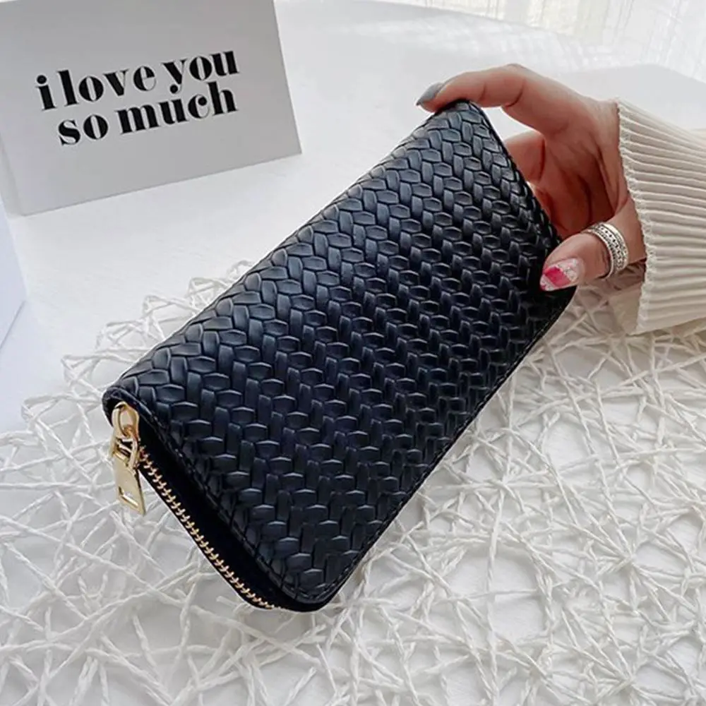 

Fashion Design Portable Simple Solid Color Weave Card Bag Long Bag Korean Style Wallets Leather Clutch Bag Women Wallets