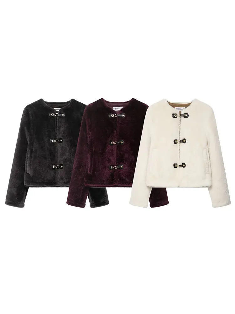 HH Autumn Women Fashion Faux Lamb Wool Short Coat O Neck Long Sleeve Jacket Woman Casual Solid Office Lady Chic Outerwear Tops