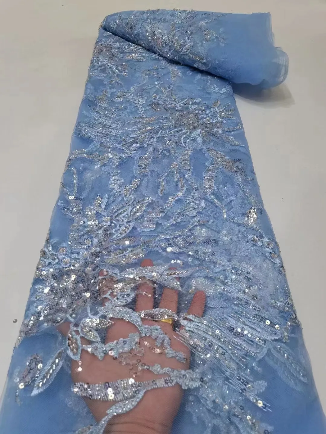 

Sky Blue African Sequins Beaded Lace Fabric 2023 High Quality Lace Material French Nigerian Wedding Lace Fabrics For Party Dress