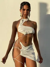  Kliou Simple Solid Three Piece Set Women Sexy Irregular Shape Backless Lace Up Skinny Tops+Hot Asymmetrical Bandage Silky Bottom 